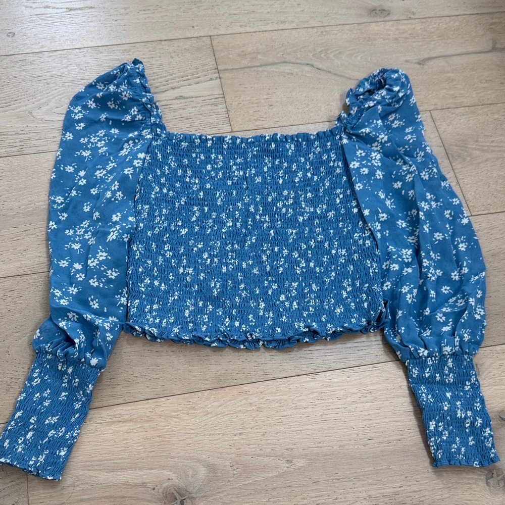 Reformation Floral Blue Smocked Women's Top